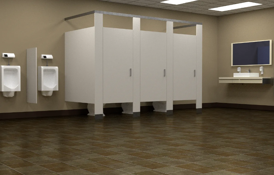 Restroom with stalls, urinals, and a sink