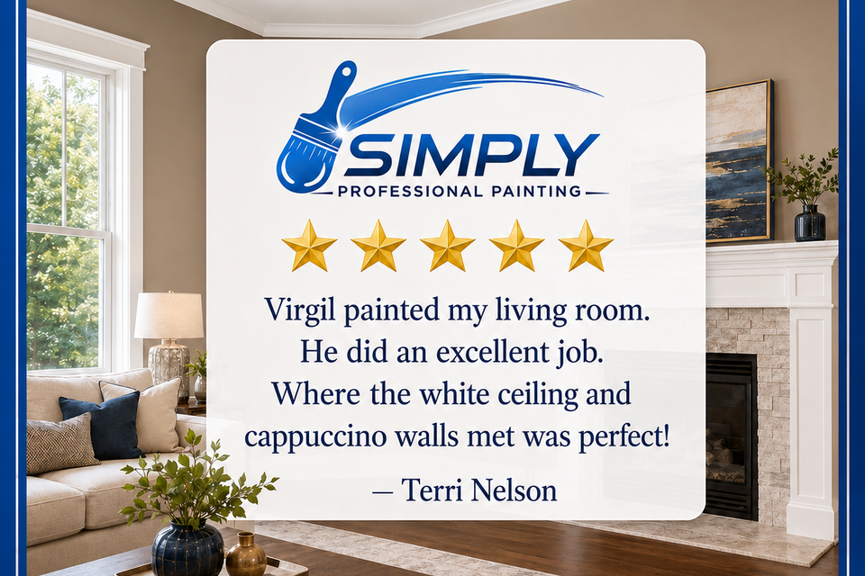 Five-star customer review for Simply Professional Painting praising Virgil's interior painting work, highlighting clean ceiling and wall lines and excellent craftsmanship in a living room.