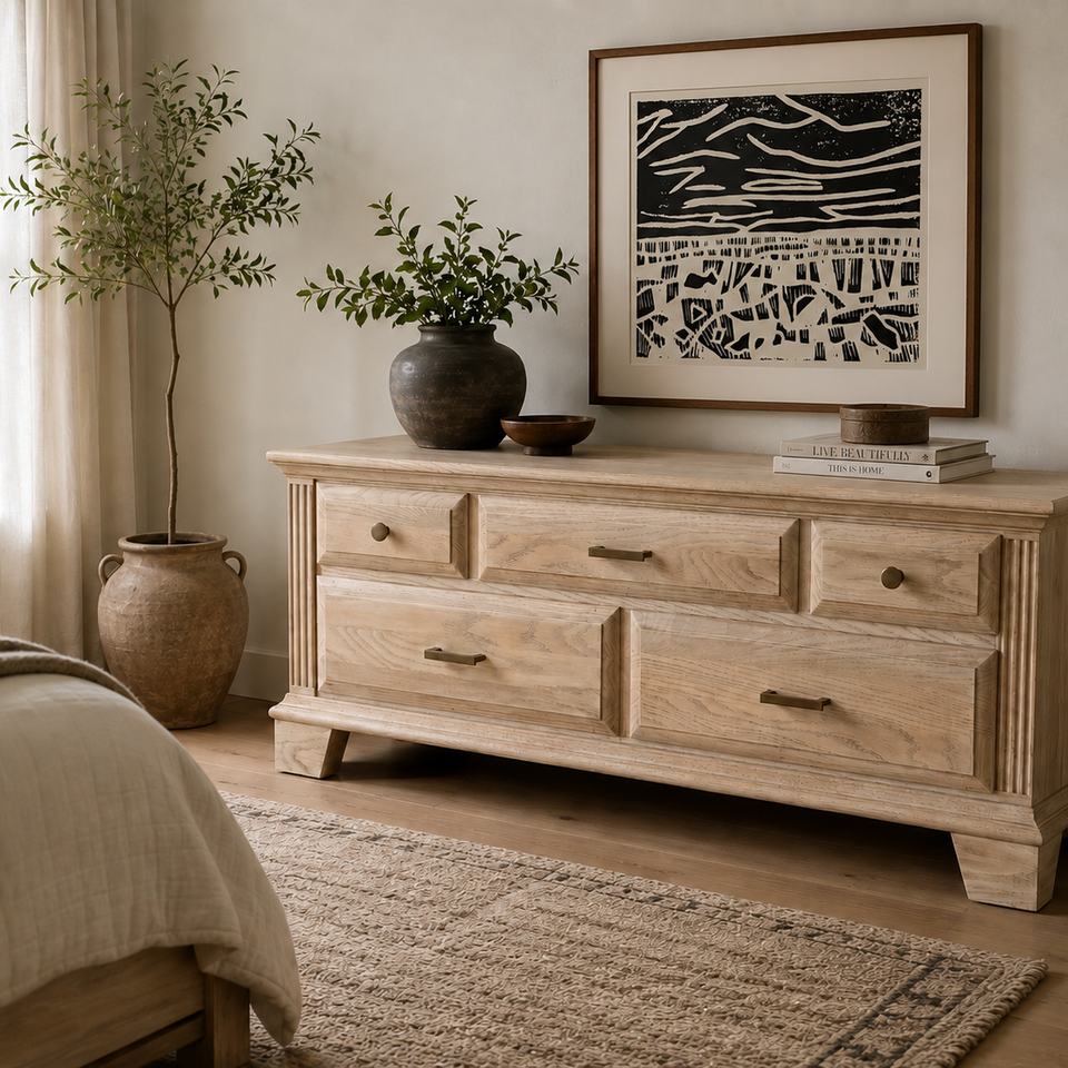 Bedroom w restored stand and handprinted art