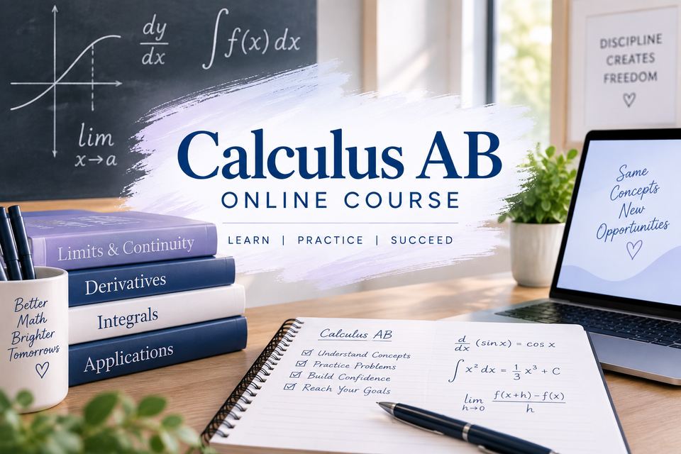 Calculus AB online course featuring lessons on limits, derivatives, integrals, applications, and practice problems.