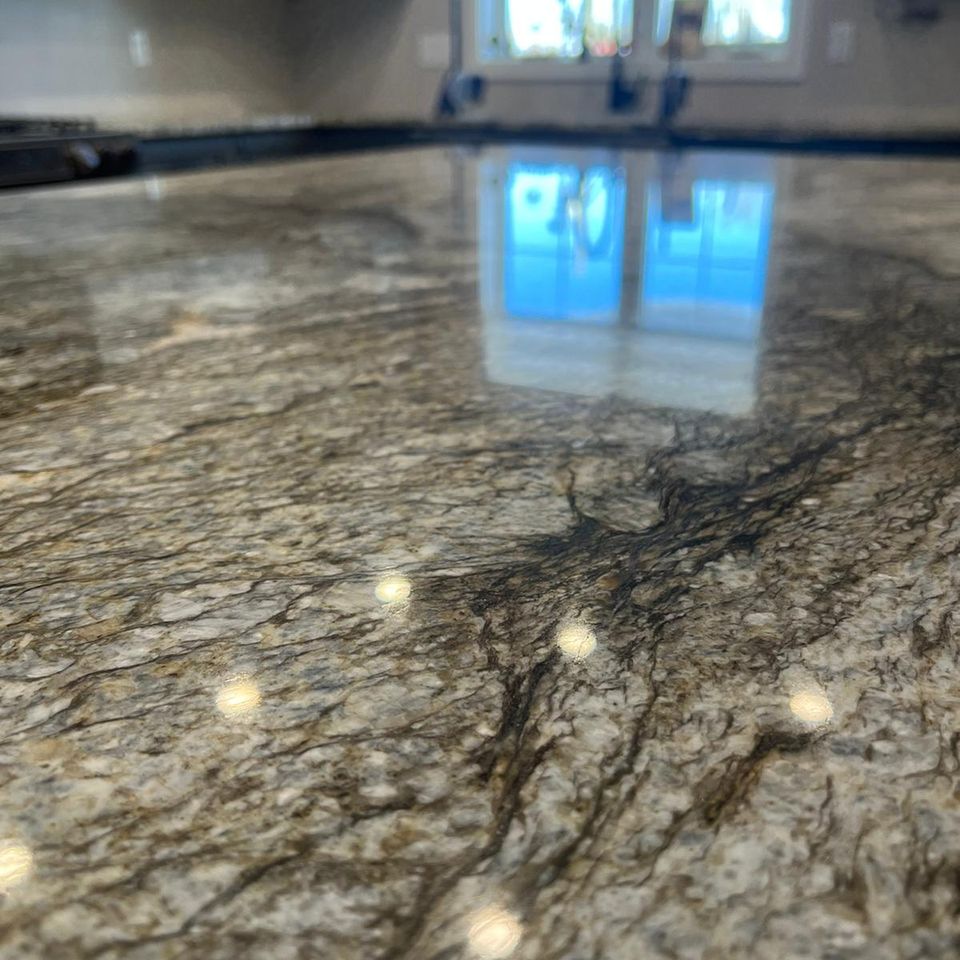 Kitchen countertop with sun reflecting