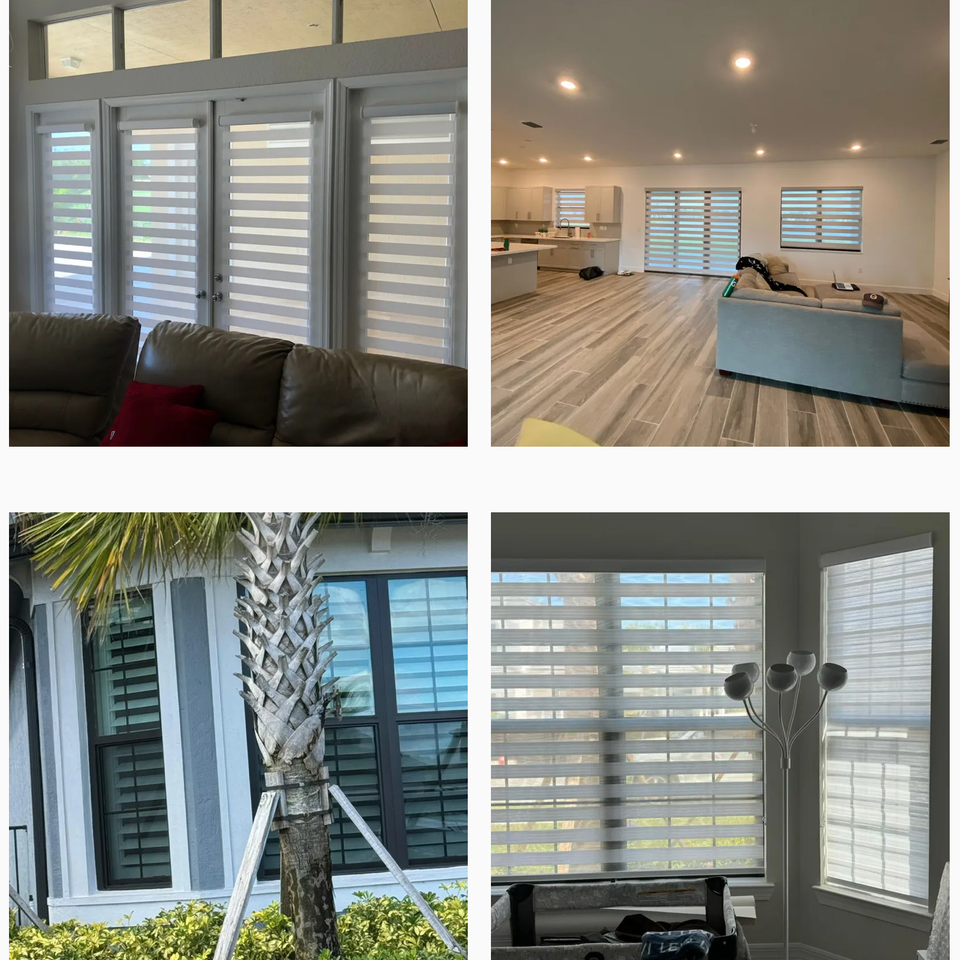 A set of window treatment installations featuring zebra shades on patio doors, living rooms, and plantation shutters on exterior windows