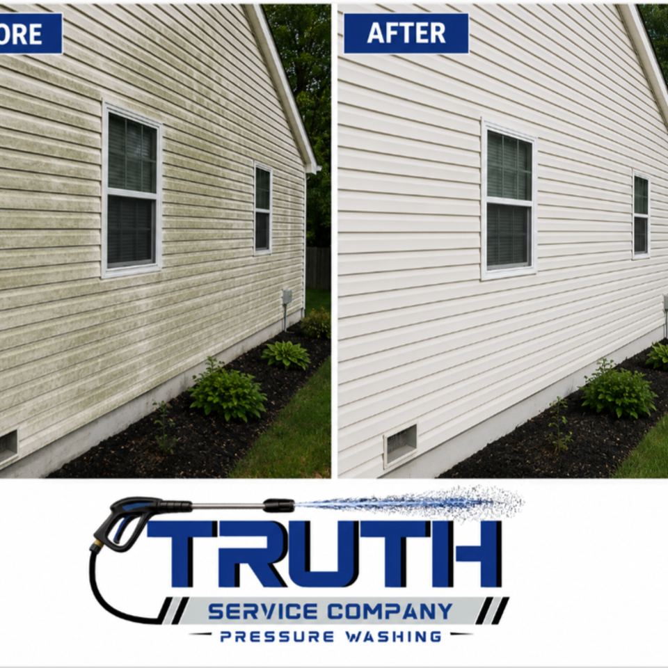Before and after photos of a house exterior showing the results of pressure washing.