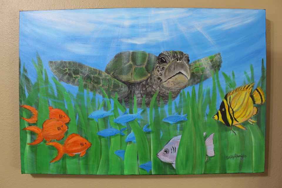 sea turtle friend fish acrylic painting artwork by artist Emily Albright