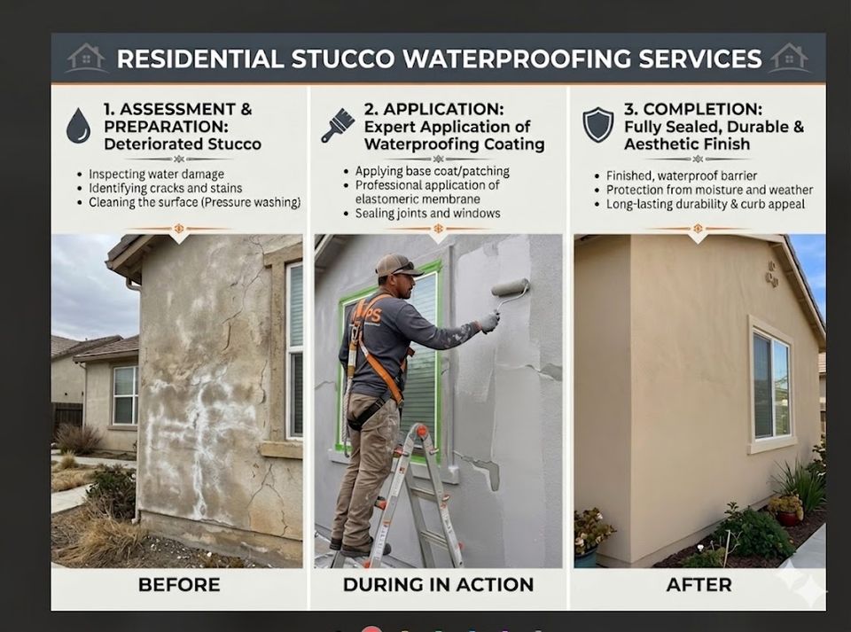Before during and after stucco waterproofing project showing surface preparation, waterproof coating application, and completed exterior protection
