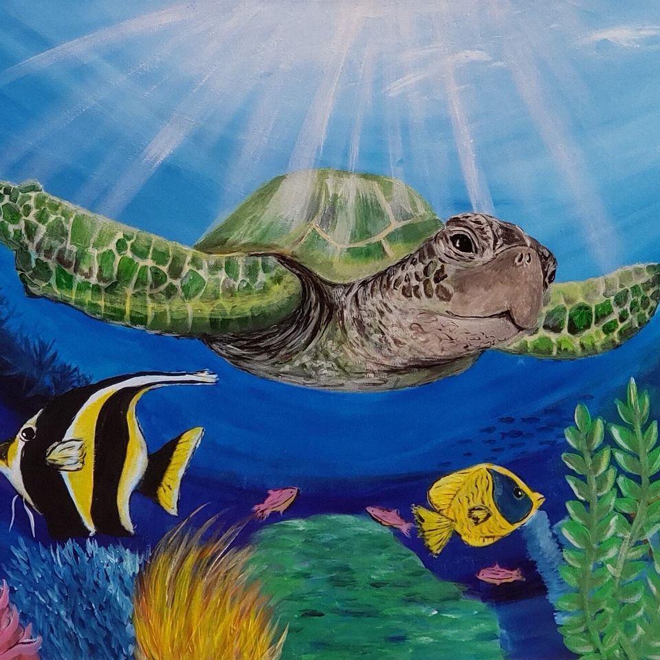 Honu World sea turtle painting by artist Emily Albright 