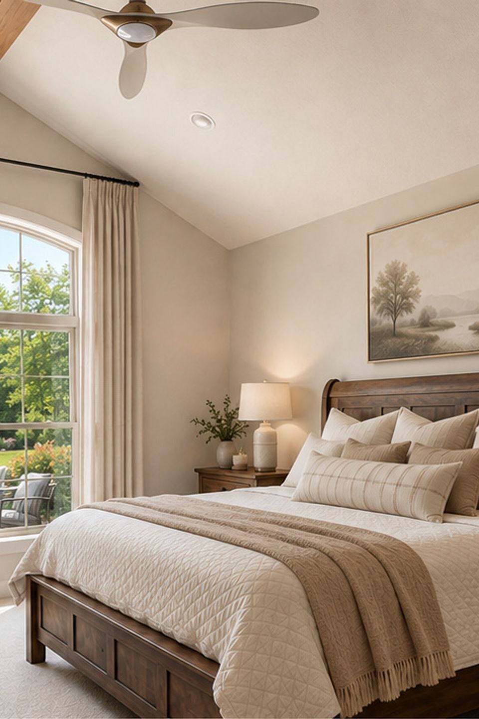 Custom primary bedroom with vaulted ceiling and fireplace in a Hudson, Ohio home
