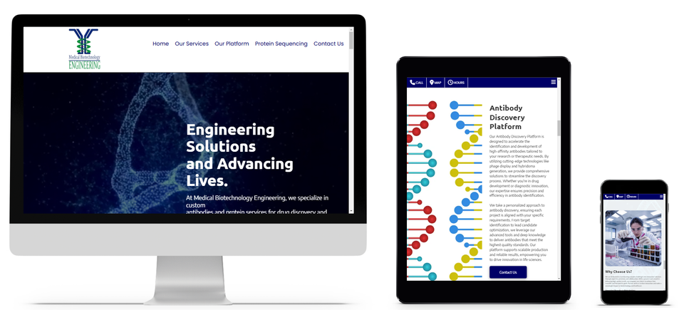 Medical Biotechnology Engineering website at FITCI in Frederick Maryland shown on desktop, tablet, and mobile with antibody discovery and protein sequencing services.