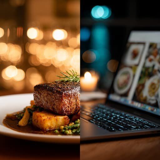Split screen of a filet dish with rosemary and a laptop open with the professional photos of the food 