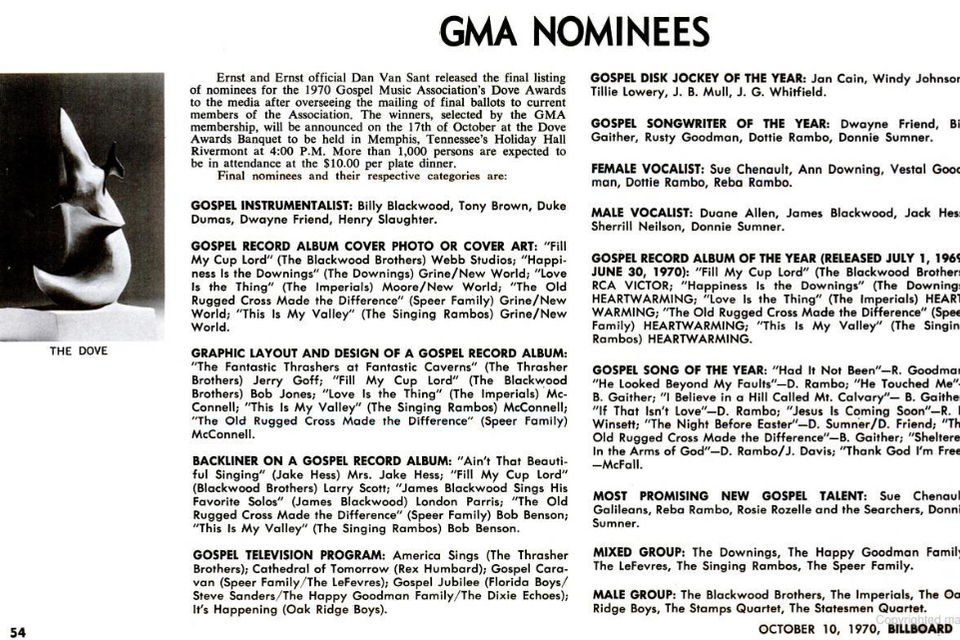 1969 dove award nominations