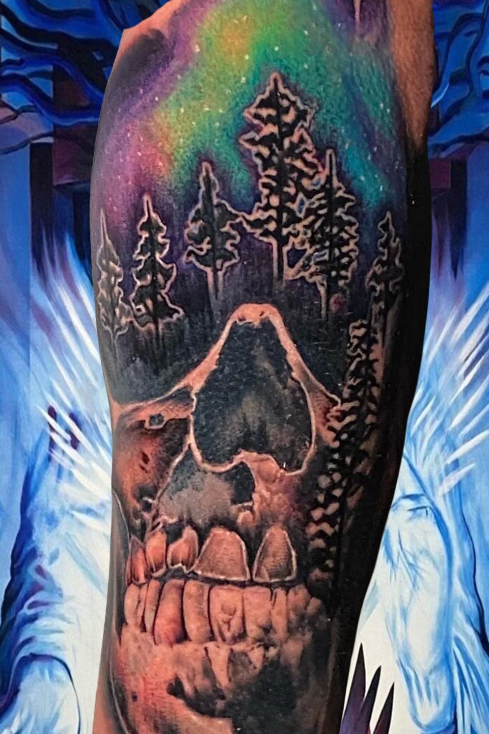 Josh aurora borealis mountain scene skull original copy