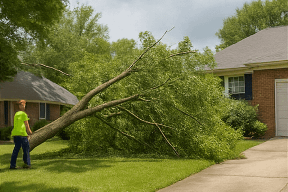 Emergency tree crew clearing a fallen tree from a Norcross driveway