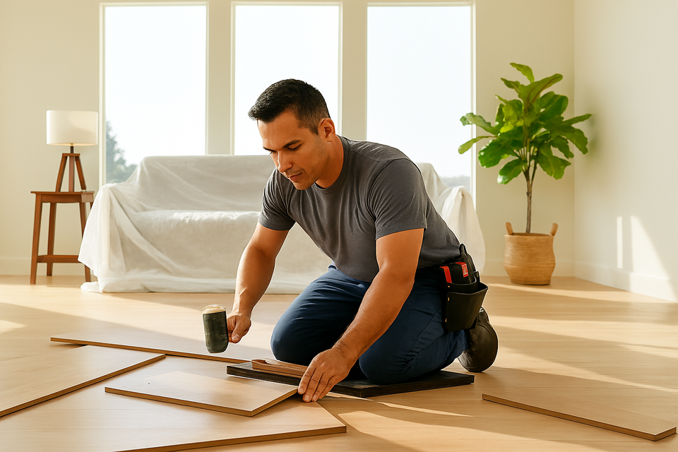 Professional flooring installer kneeling on foam pad while fitting light vinyl planks in a sunlit living room with large windows and modern furnishings.