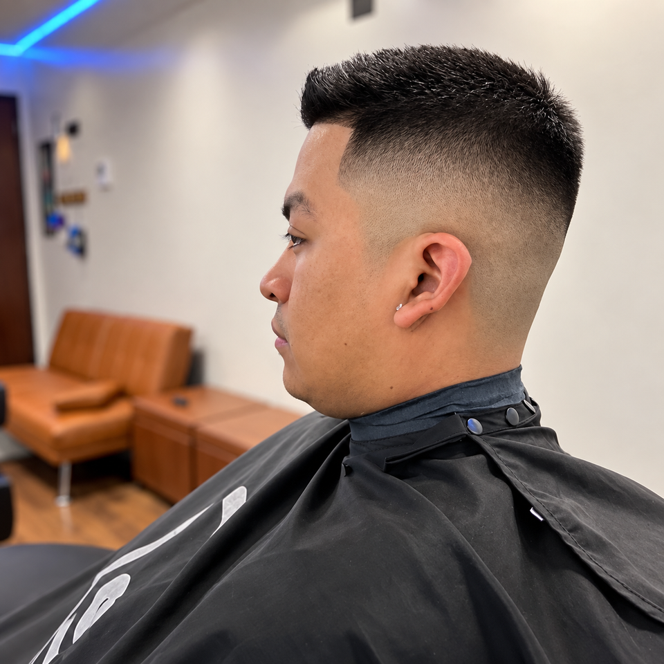 This image shows a man posing after a fresh haircut.
