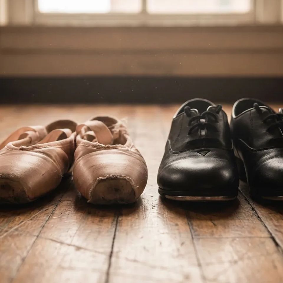 Well-loved pink ballet pointe shoes and black leather tap shoes resting on a rustic hardwood dance studio floor.