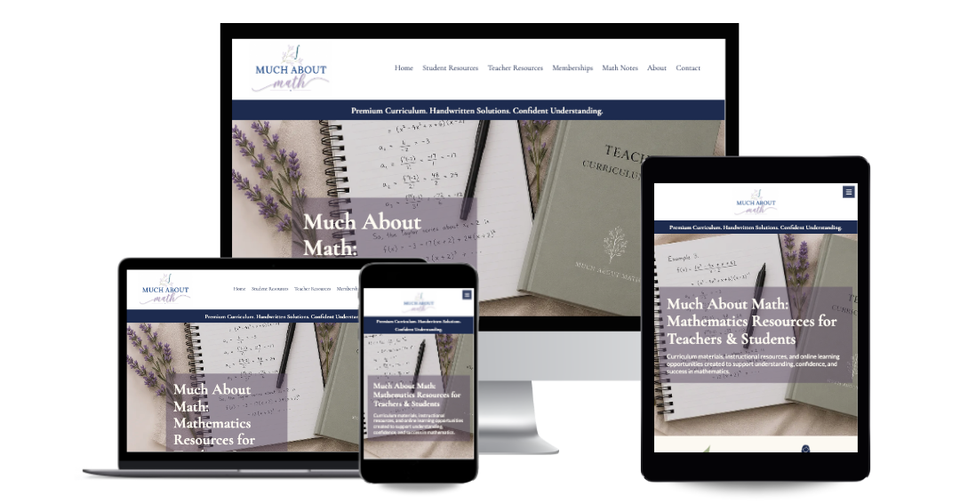 Much About Math website displayed across desktop, laptop, tablet, and mobile devices.