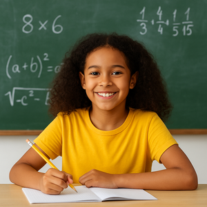 Smiling student in a yellow shirt writing in a notebook at a desk with math equations on a chalkboard in the background.