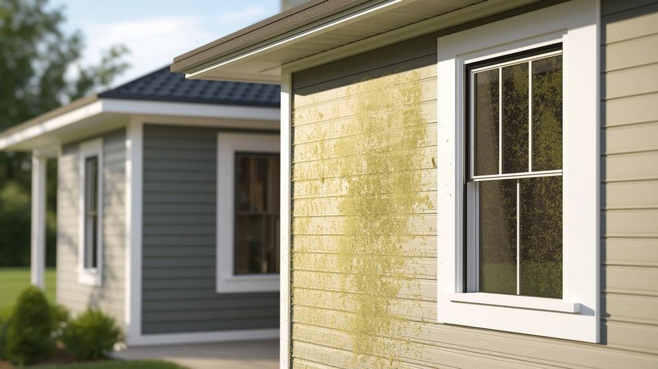 Make an image of a modern home with some pollen on it that needs to be power washed. not a lot of pollen but enough to be noticeable