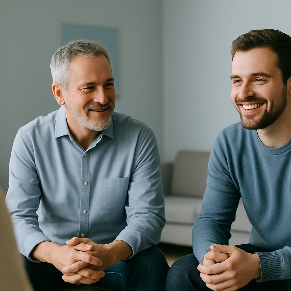“Staff member speaking with two residents during a supportive meeting in a transitional housing program.”