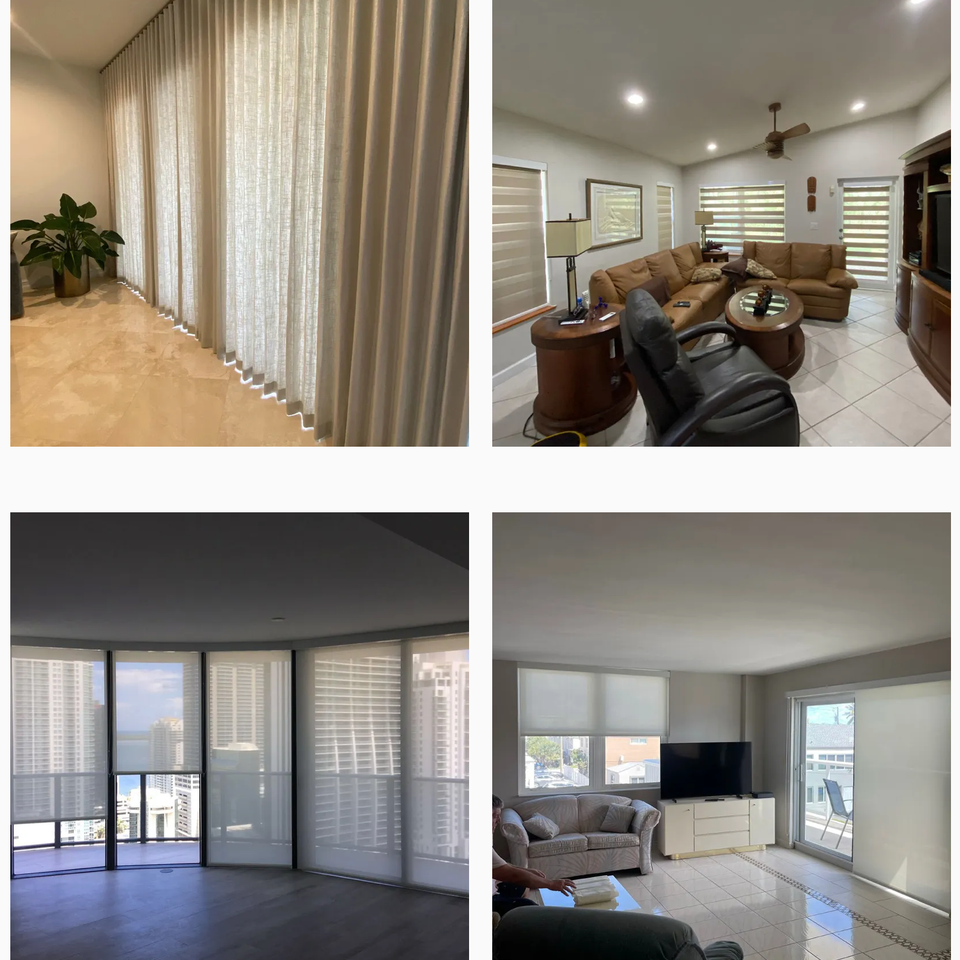 BJ&S Blinds installations showcasing floor-to-ceiling drapes, zebra shades, roller shades, and layered blinds in modern living spaces