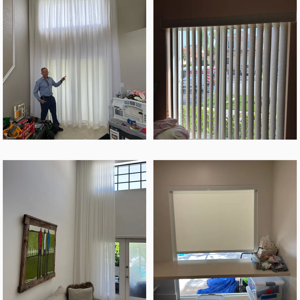 BJ&S Blinds installations featuring sheer curtains on tall windows, vertical blinds on sliding doors, and blackout roller shades in compact spaces
