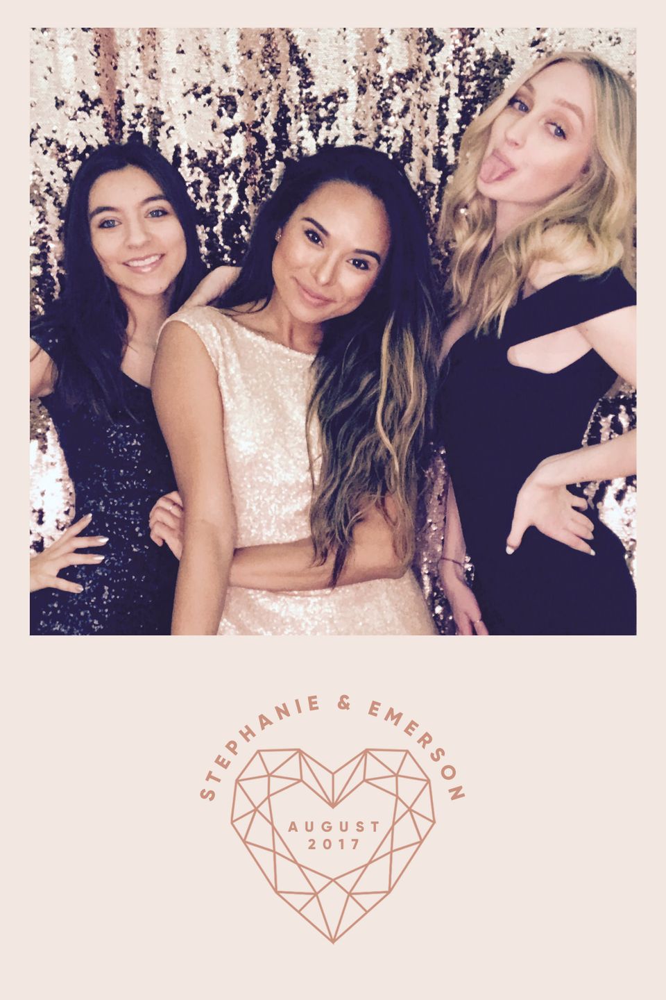 Three women posing in a photo booth with a custom event overlay.