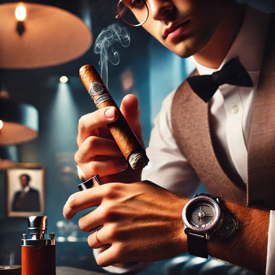 Dall·e 2025 04 04 17.23.06   a close up  playful yet sophisticated image of a person properly lighting or cutting a premium cigar. the scene is set in a classy cigar lounge with s