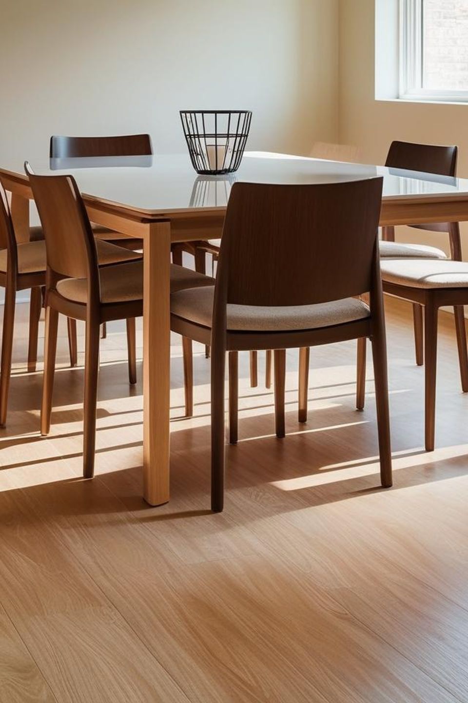Durable waterproof laminate flooring installed in a contemporary dining area by Concord Carpet And Hardwood to provide a stylish yet functional wood-look finish.
