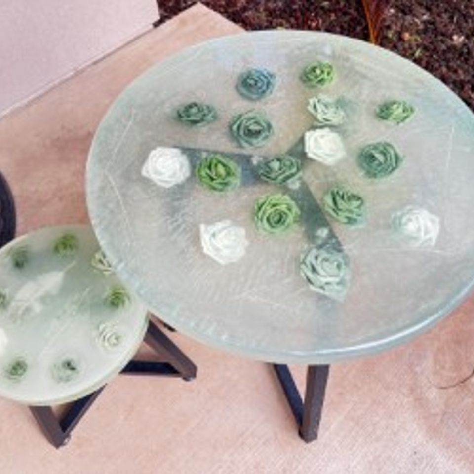 Silk flower resin table and stool set