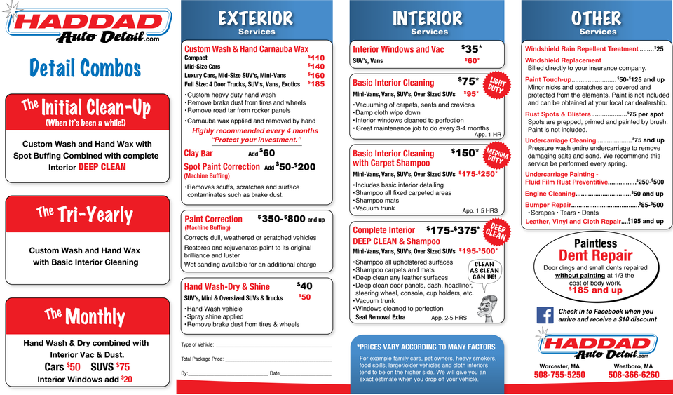Haddad auto detail menu