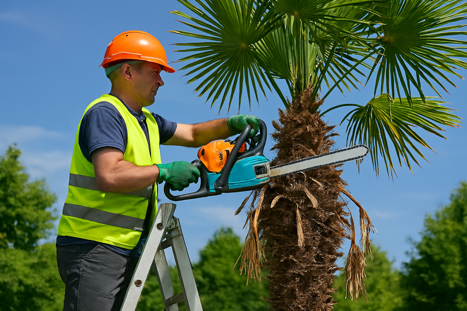 Palm tree trimming in a residential yard with a professional landscaper using a chainsaw to remove fronds while standing on a ladder.