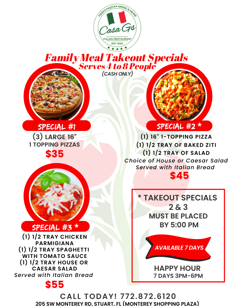 Cg's family meal takeout specials