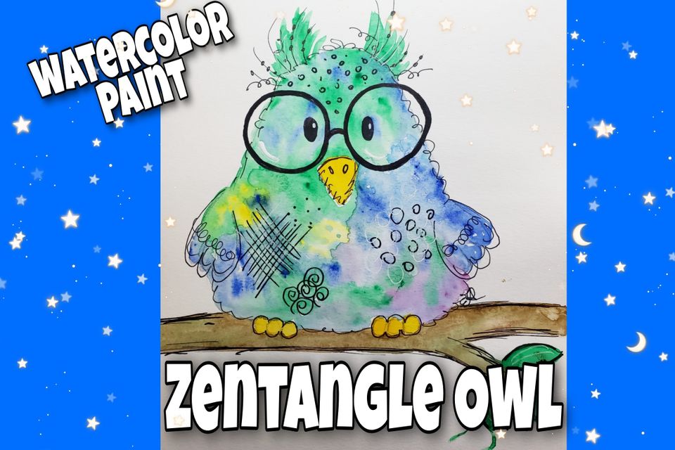 Owl on branch zentangle style watercolor painting for kids artist Emily Albright