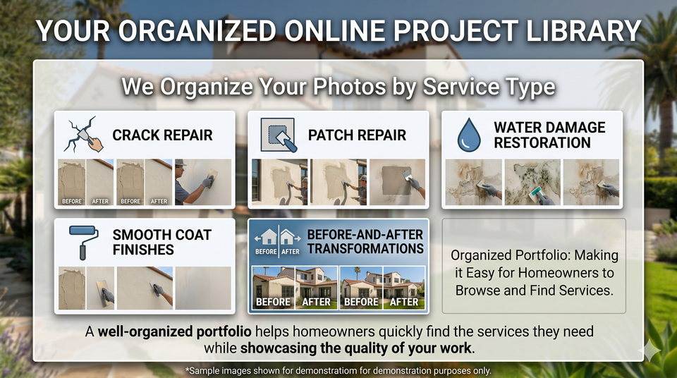 Stucco Repair Project Library Organized by Service Type Including Crack Repair, Patch Repair, Water Damage Restoration and Before-and-After Projects