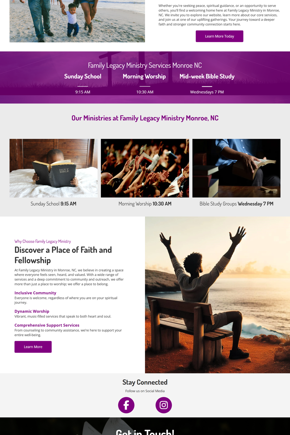 Family Legacy Ministry website in Monroe North Carolina featuring Christian family support programs, discipleship resources, and community outreach.