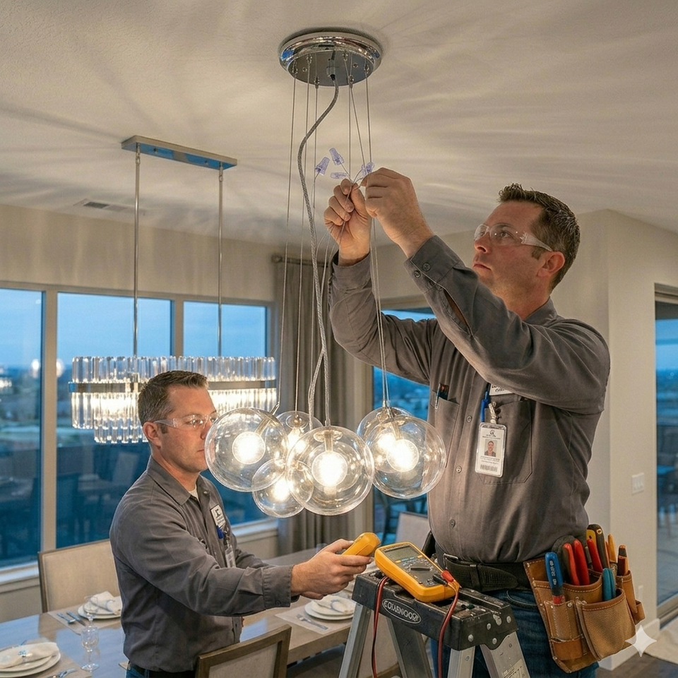 A JC Electrical LLC technician on a ladder meticulously wiring a modern multi-sphere glass pendant light in a residential dining room.