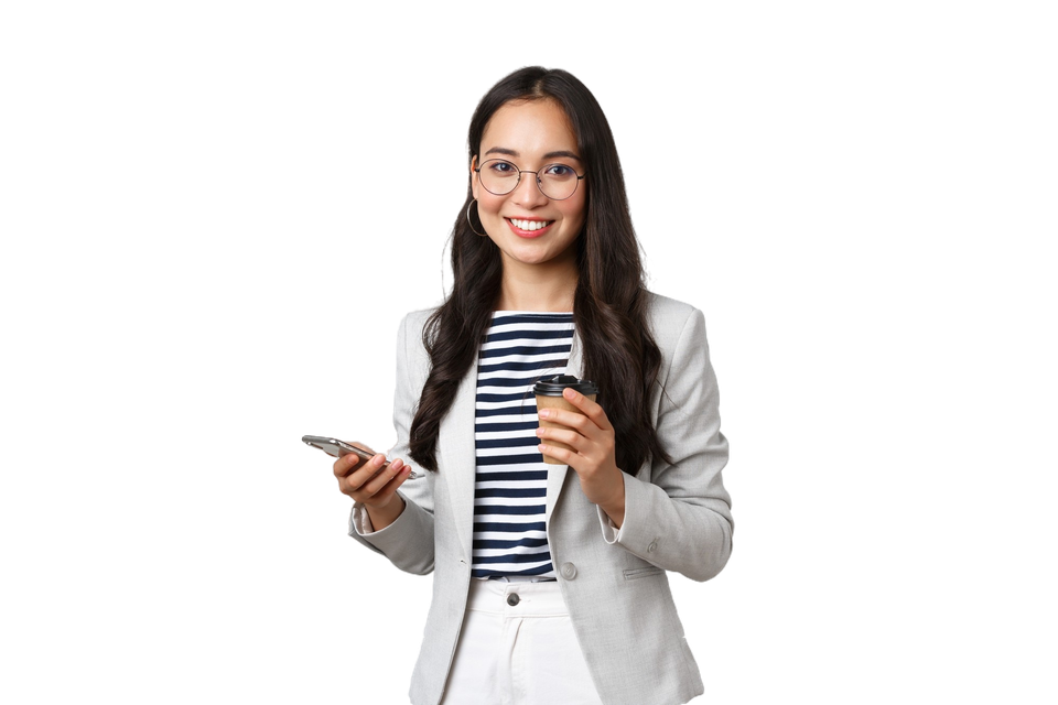 Business finance employment female successful entrepreneurs concept professional asian businesswoman glasses having lunch drinking takeaway coffee using mobile phone