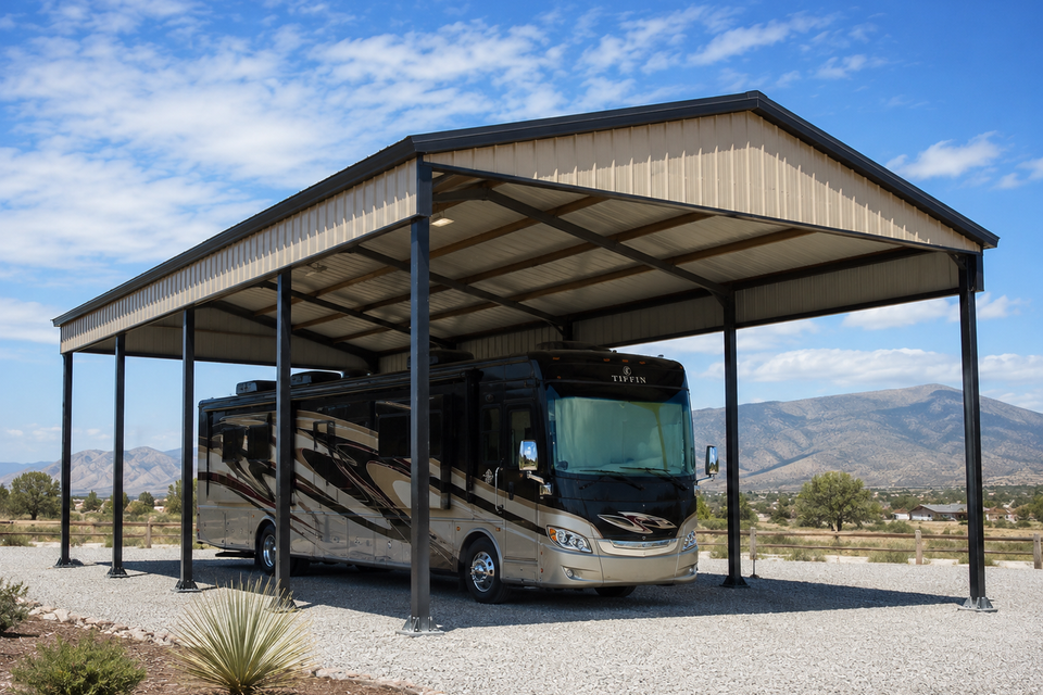 Tan steel RV cover with black trim shielding a motorhome on a gravel pad in Knoxville TN