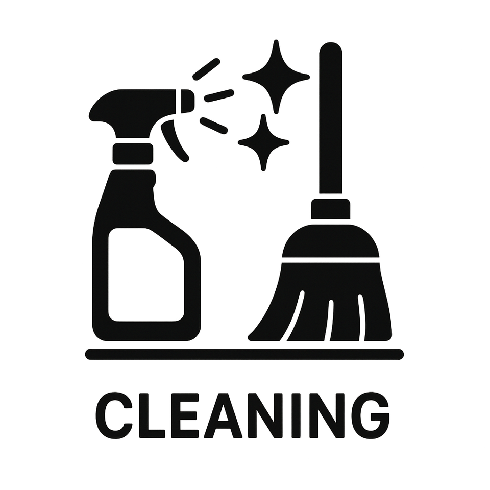 Minimalist cleaning icon with broom and sparkle accents, black line art on transparent background