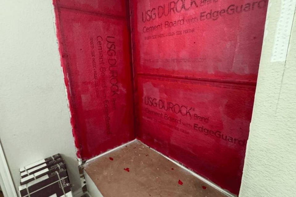 Waterproof cement board installed for tub surround tile installation in Spring TX bathroom remodel