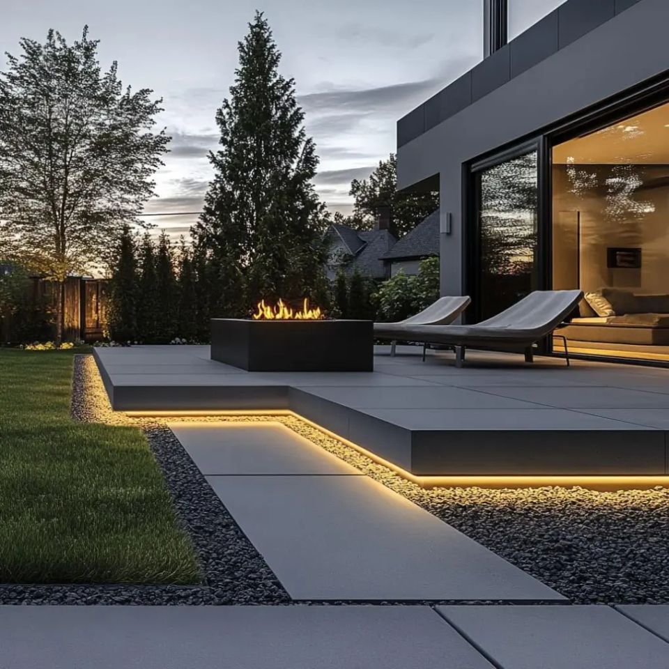 Modern concrete patio with integrated lighting and outdoor fire feature
