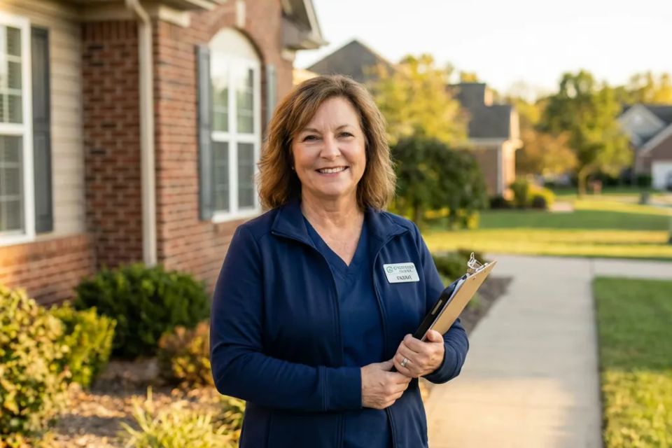 Professional Home Health Director standing outside client home ready to provide senior care assessment.