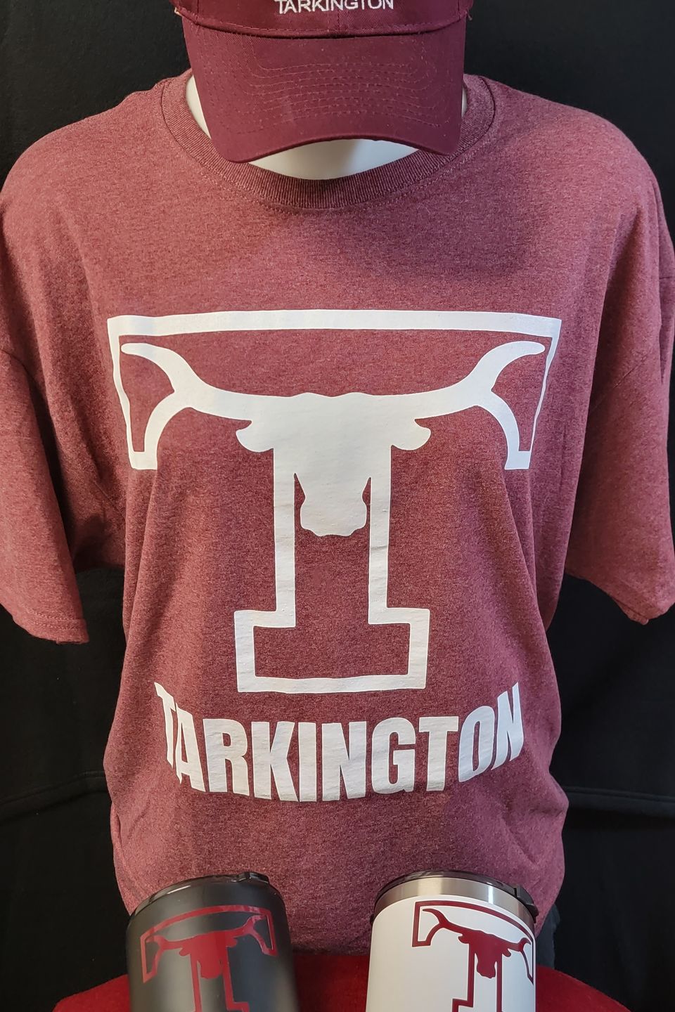 Tarkington Independent School District logo on tumblers, t-shirt, and cap. Presented by SaRi's Creations.