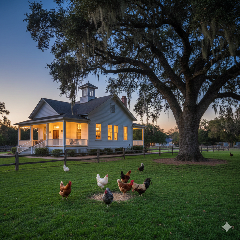 White farmhouse in Fair Oaks, California with fenced yard, chickens, and sunset lighting