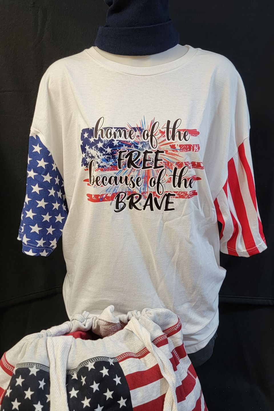 "DTF Direct-to-Film" example - patriotic stars and stripes on white tee