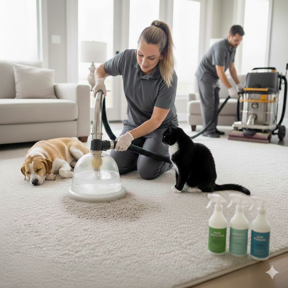 Professional carpet cleaning technicians performing deep pet odor removal on a cream-colored rug using sub-surface extraction tools while a dog and cat watch in a clean home environment.