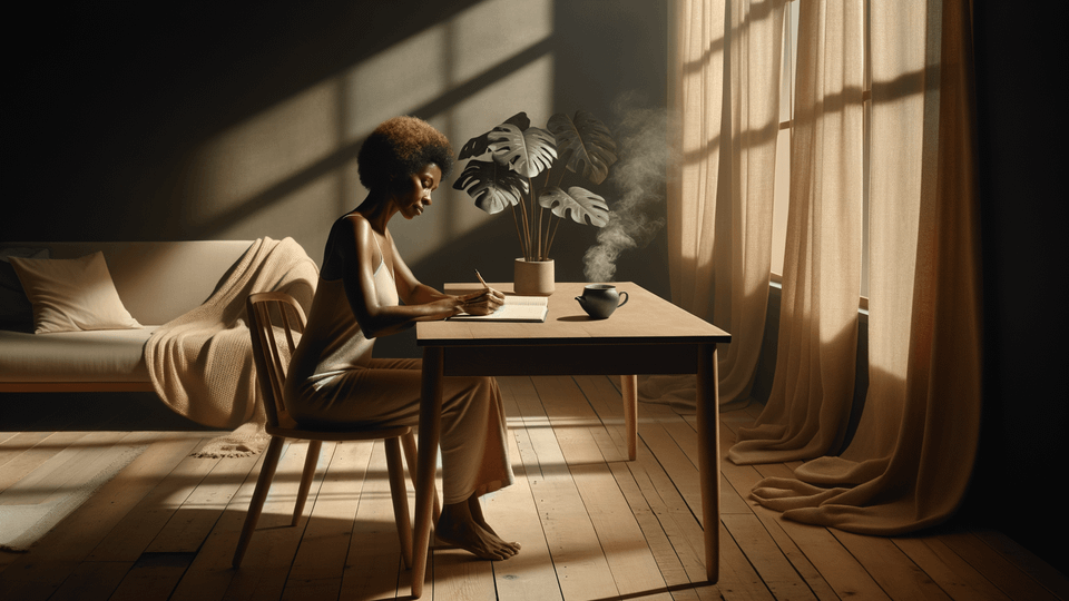 A wellness practitioner sitting at a minimal wooden desk writing in a journal, warm afternoon light through linen curtains, a steaming cup of tea nearby, soft sage and cream tones, editorial photography style