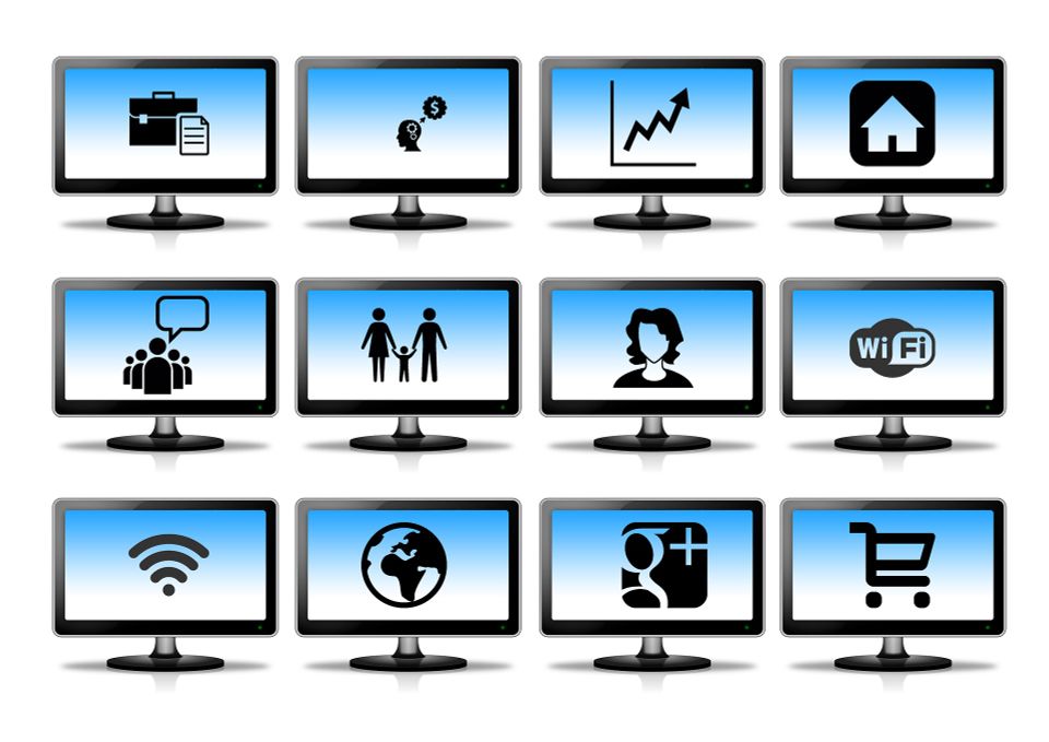 Twelve monitors with icons representing website performance and concierge services available to Catapult Web Solutions' clients