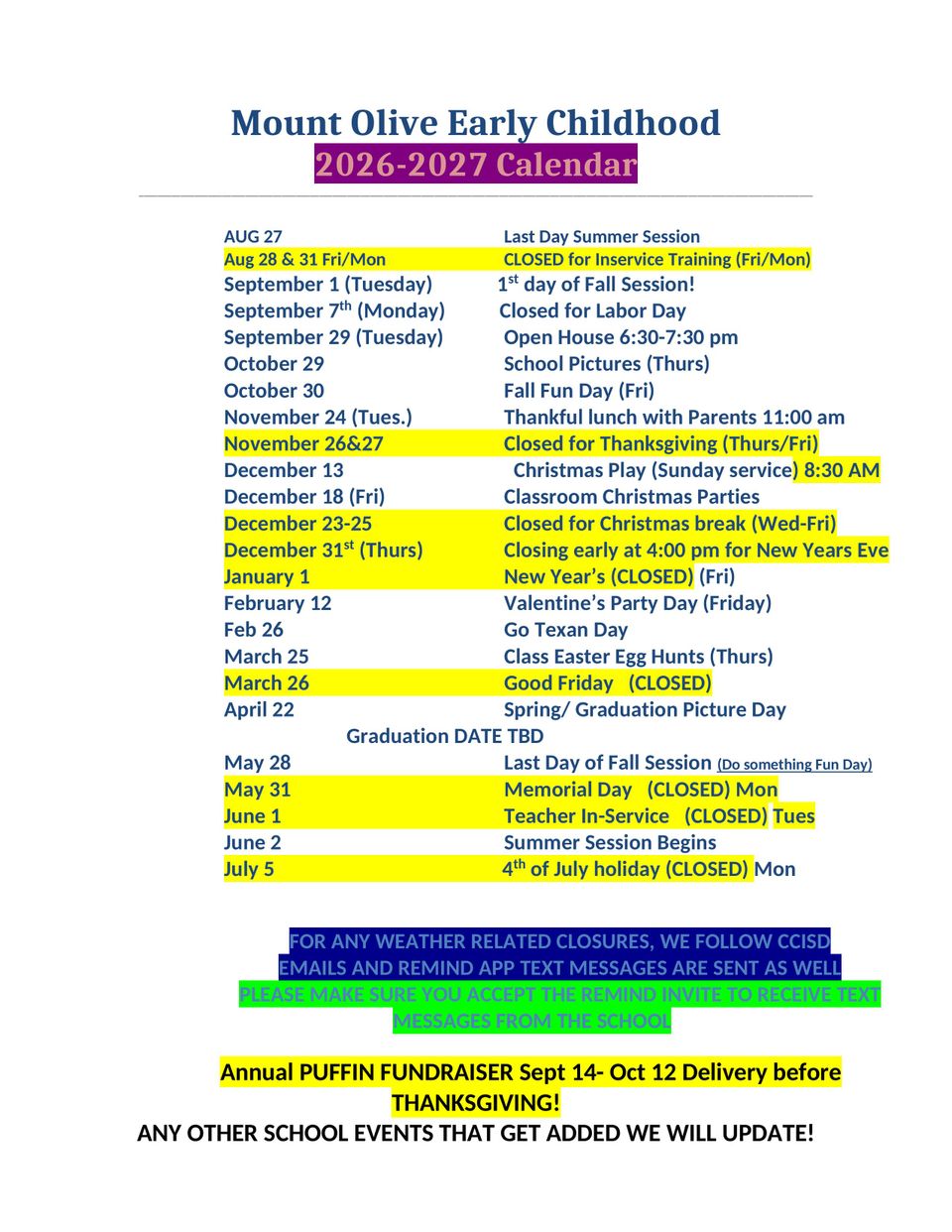 School calendar 2026 2027