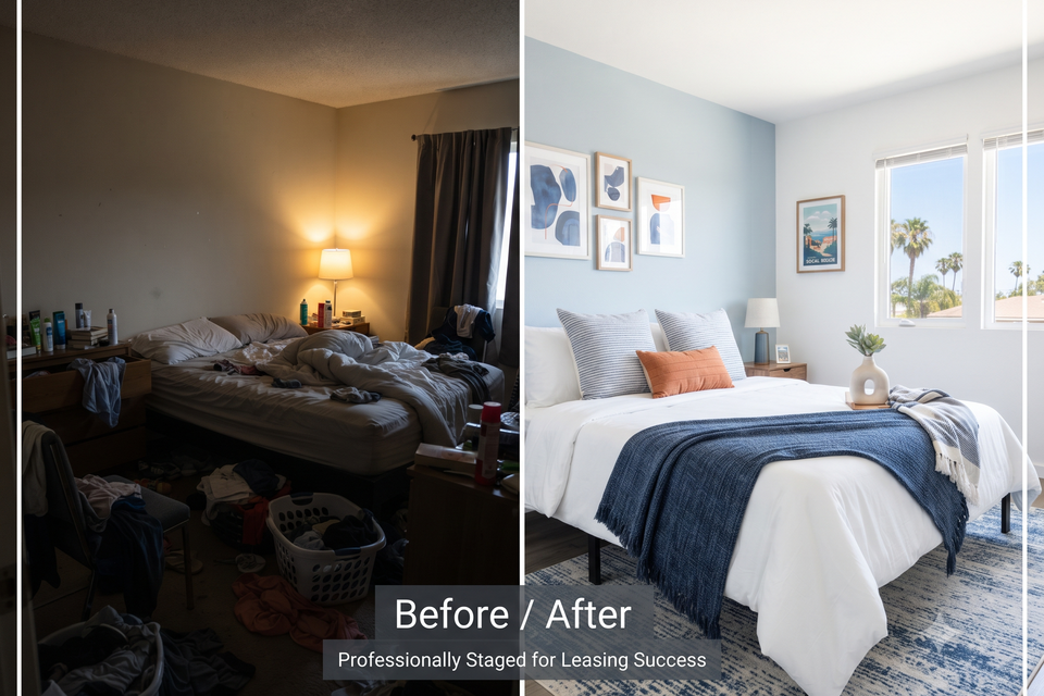 Before and after rental room photo enhancement showing how professional image optimization helps landlords attract more tenants for rooms, ADUs, apartments, and homes in the San Gabriel Valley.